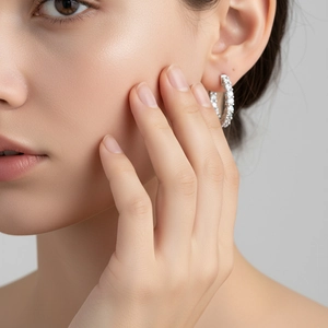 Élégantes boucles d'oreilles créoles en argent serties de moissanite sur un mannequin