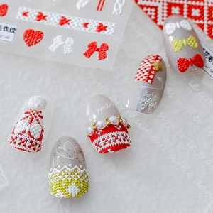 3D-Geprägte Weihnachts-Nagelaufkleber mit Strickmuster, Schleifen und Schneeflocken