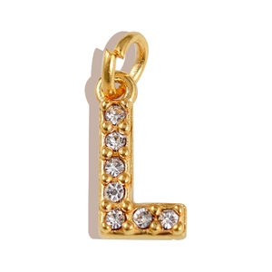 Macro shot of gold-plated letter L pendant with sparkling rhinestones and an open ring