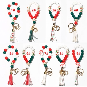 Detail showing nine Christmas silicone bead wristlet keychains with snowman pendants