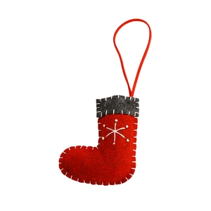 Knitted red felt Christmas stocking ornament with white snowflake embroidery and hanging loop
