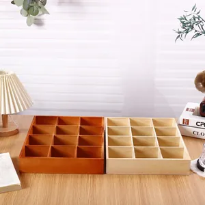 12-compartment wooden storage box in dark brown and natural wood for desk organization