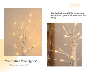 Detailed close-up of realistic white birch bark texture and warm LED lights on tree branches
