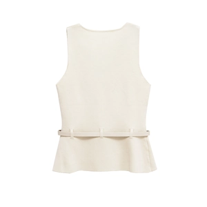Top de punto sin mangas color crema con elegante cinturón trasero para mujer, estilo chic