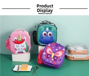 Three 3D cartoon unicorn and dinosaur insulated lunch bags with mesh side pockets for school kids