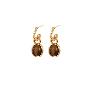 Elegant gold plated oval tiger eye earrings featuring retro wave design for women