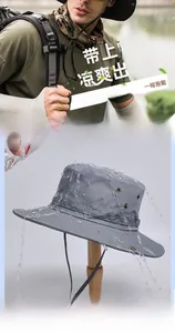 Close-up of waterproof fabric and breathable vents on gray outdoor sun protection hat