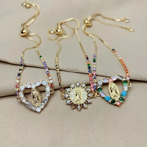 Virgin Mary Herz Armband Vergoldetes Kupfer Mit Bunten Zirkonia Religiöser Schmuck Für Frauen Verstellbar