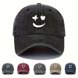 Vintage Washed Cotton Baseball Cap Graffiti Smile Face Print Curved Brim Adjustable Sun Hat Outdoor Streetwear Unisex