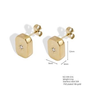 Detailed view of gold rectangle stud earrings with star cubic zirconia and dimensions