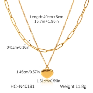 Detailed view of layered 18K gold plated heart necklace with exact size dimensions