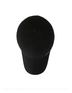 Top view of a black wool winter baseball cap showing its six-panel construction