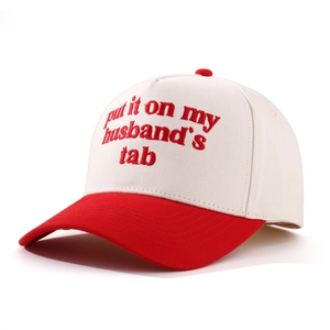 Retro red and white baseball cap with embroidery saying put it on my husband's tab