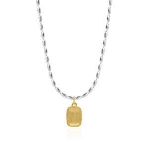 Minimalist S925 silver beaded necklace with a matte gold square pendant on white background