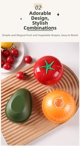 Detailed close-up of tomato, avocado, and onion shaped PP plastic food storage containers