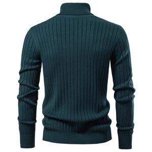 Men's dark green turtleneck sweater in ribbed knit, full back view on white background