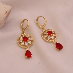 Vintage hollow gold flower earrings with red teardrop gemstones and small crystals