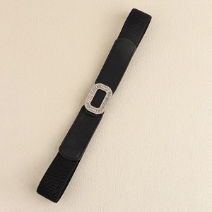 Elegant black elastic wide belt for dresses featuring a golden rhinestone rectangle buckle