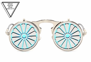 Detail of silver steampunk flip sunglasses with wheel-shaped frames and blue mirror lenses