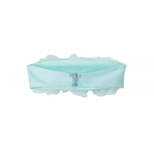Light blue strapless satin top with tulle ruffles and back zipper on white background