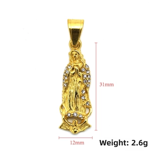 Detailed size view of the 31mm gold-plated Virgin Mary pendant with sparkling crystals