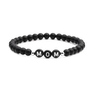 Matte black agate beaded bracelet for women with silver MOM letter beads for Mother's Day
