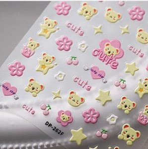 Detail of 5D puffy nail stickers with cute bear and cherry patterns, model DP-262F