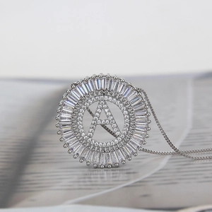 Silver round necklace with A-letter pendant and sparkling pavé set zircon stones