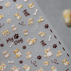 5D embossed nail stickers with cute corgi dog patterns and bone shapes for DIY manicure