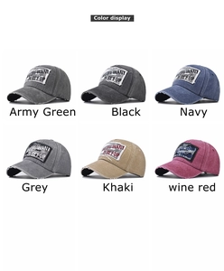 Présentation matricielle de casquettes en coton lavé en six couleurs vintage avec écussons