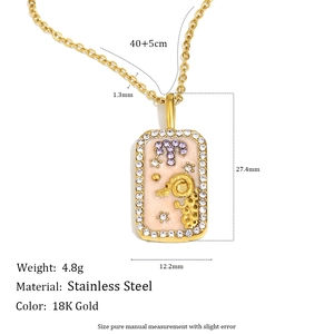 18K gold plated stainless steel Aries zodiac necklace with crystals and pink enamel plate