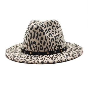 Wide brim leopard print felt fedora hat with studded leather belt for men and women
