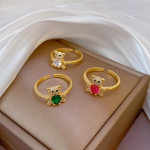 Gold plated teddy bear open ring with red green and white heart stones and micro zircons