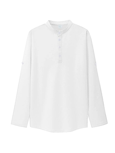 Close-up of white waffle texture Henley shirt showing three-button placket and collar detail