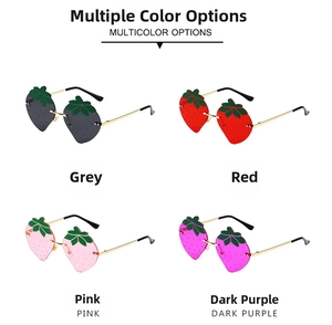Four pairs of rimless strawberry shaped sunglasses in grey red pink and purple colors