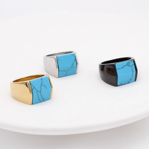 Men's square stainless steel rings with blue turquoise stones in gold silver and black