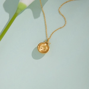 Gros plan d'un collier pendentif coccinelle dorée sur un fond bleu clair épuré