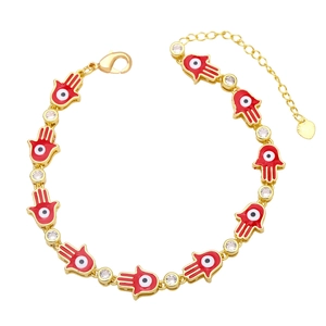 Bohemian gold Hamsa Hand bracelet with red enamel Evil Eye charms and clear zircons