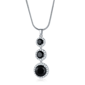 Silver necklace with black zircon teardrop pendant surrounded by clear crystals