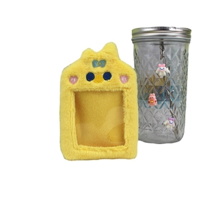 Cute yellow plush animal card holder with a blue bow for students and keychains