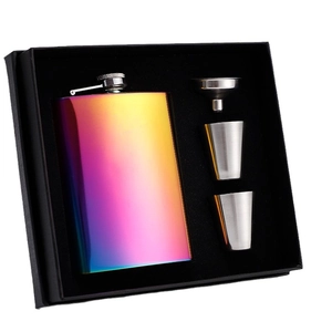 Rainbow stainless steel 8oz hip flask set with cups and funnel in black gift box