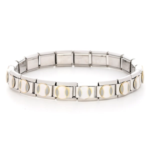 Macro shot of stainless steel baseball charm link bracelet with white and gold patterns
