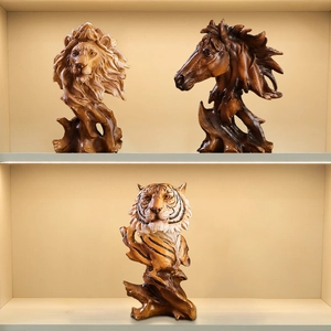 Hars Dierlijke Hoofd Sculpturen Leeuw Tijger Paard Wortelsnijwerk Stijl Retro Houtlook Standbeelden Bureau Decoratie