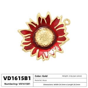 Macro detail of red enamel sunflower pendant with dimensions of 24.5mm by 28.5mm