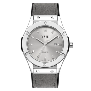 Classic silver rhinestone watch with grey suede strap and silver dial for women