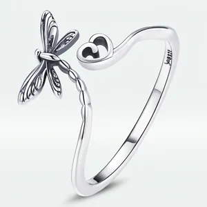 S925 sterling silver open ring featuring a dragonfly and heart minimalist design