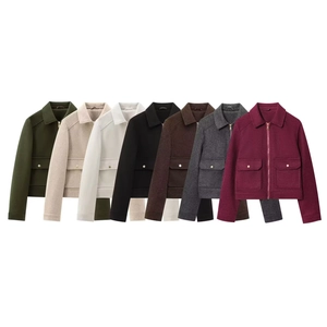 Women Fashion Wool Like Short Zipper Jacket Elegant Lapel Cargo Pocket Outwear Coat Solid Color Long Sleeve Loose Jacket