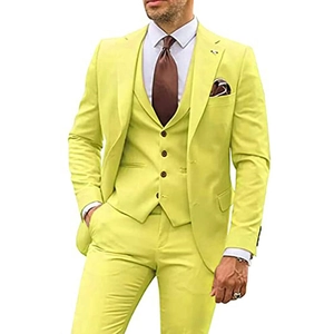 Detail of slim-fit neon green 3-piece suit with blazer, vest, and trousers