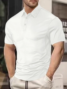 Detailed view of men's white short-sleeved polo shirt with classic collar and three buttons