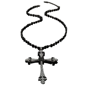 Dark gothic cross pendant necklace with silver floral patterns on a black beaded chain